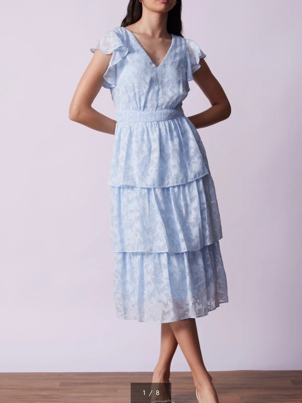 Julia Jordan Blue Floral Chiffon Tiered V-Neck Flutter Sleeve Midi Dress 4